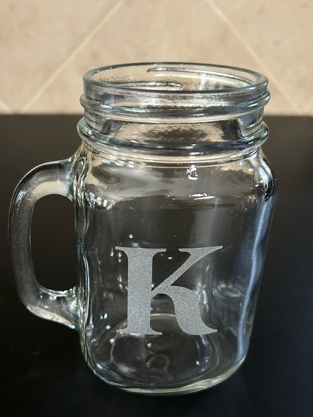 Monogrammed 'K' Clear Glass Mason Mug with Handle